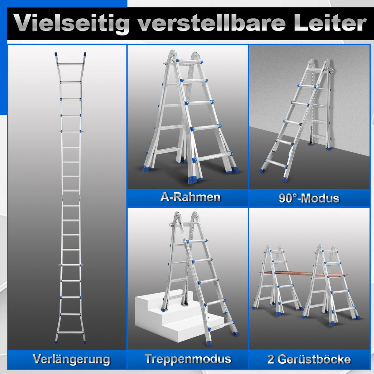 Randaco Teleskopleiter Aluminium Multifunktionsleiter 3 in 1 rutschfeste ausziehbare Mehrzweck‑Klappleiter bis 150 kg belastbar