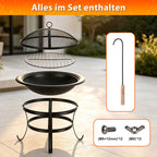 Randaco Holzfeuerschale 55 cm mit Funkenschutzgitter, Holzrost & Schürhaken – für Garten, Terrasse, Camping & Strand