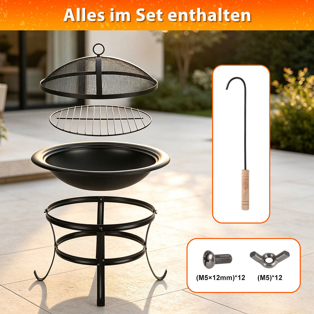 Randaco Holzfeuerschale 55 cm mit Funkenschutzgitter, Holzrost & Schürhaken – für Garten, Terrasse, Camping & Strand