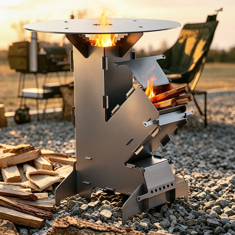 Randaco Raketenofen mit Grillplatte Ø50cm Stecksystem Mit zwei zusätzlichen Stützstreben und Feuerhaken aus Kohlenstoffstahl