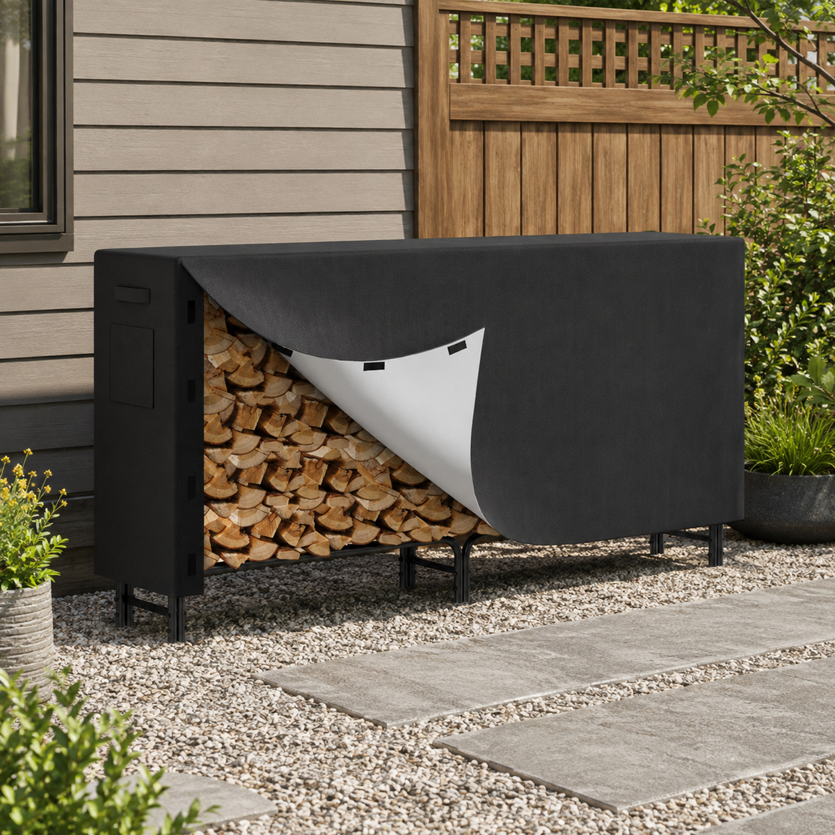 Randaco Kaminholzregal mit Schutzhülle Stahlrahmen 244x34.5x124cm bis zu 300KG