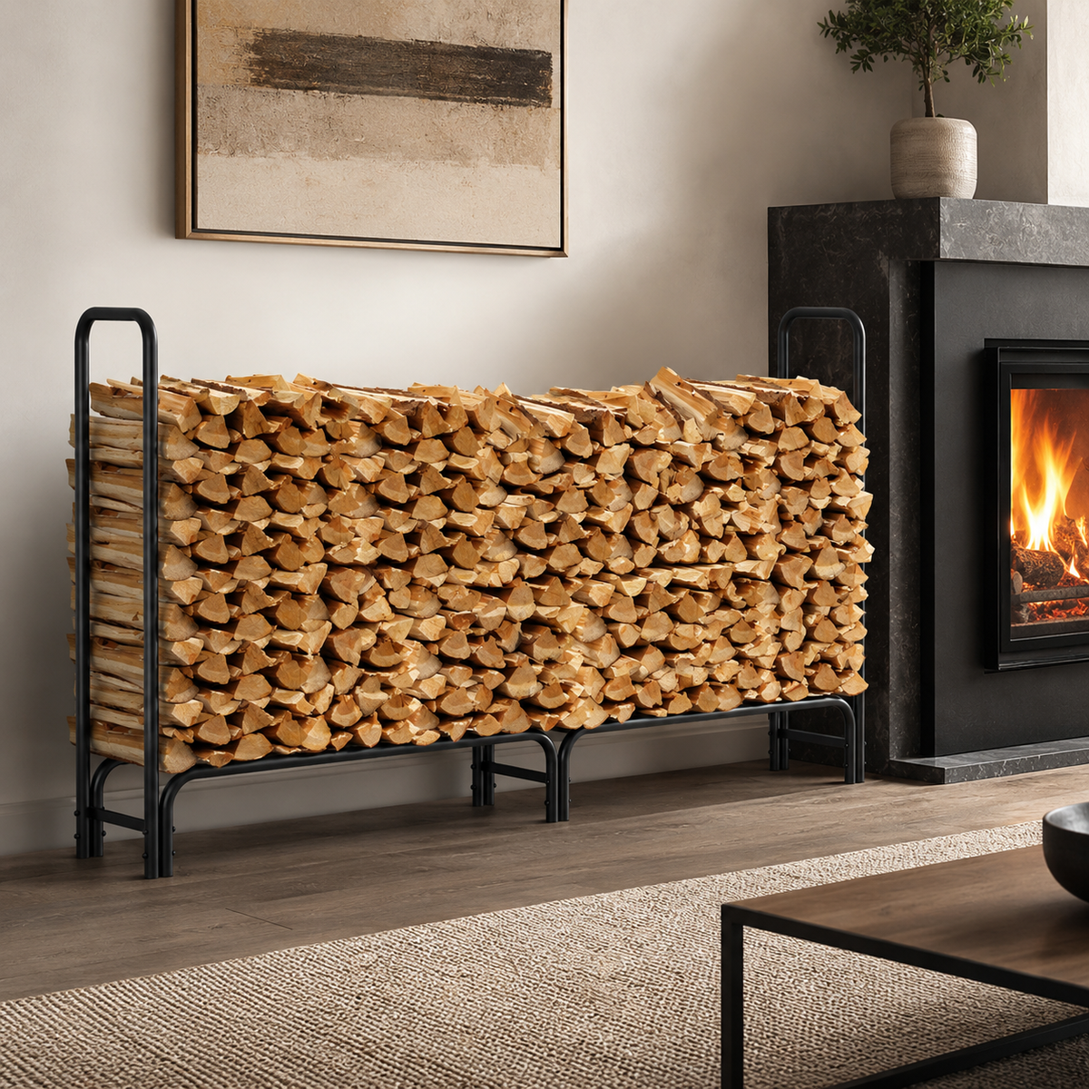 Randaco Kaminholzregal mit Schutzhülle Stahlrahmen 244x34.5x124cm bis zu 300KG