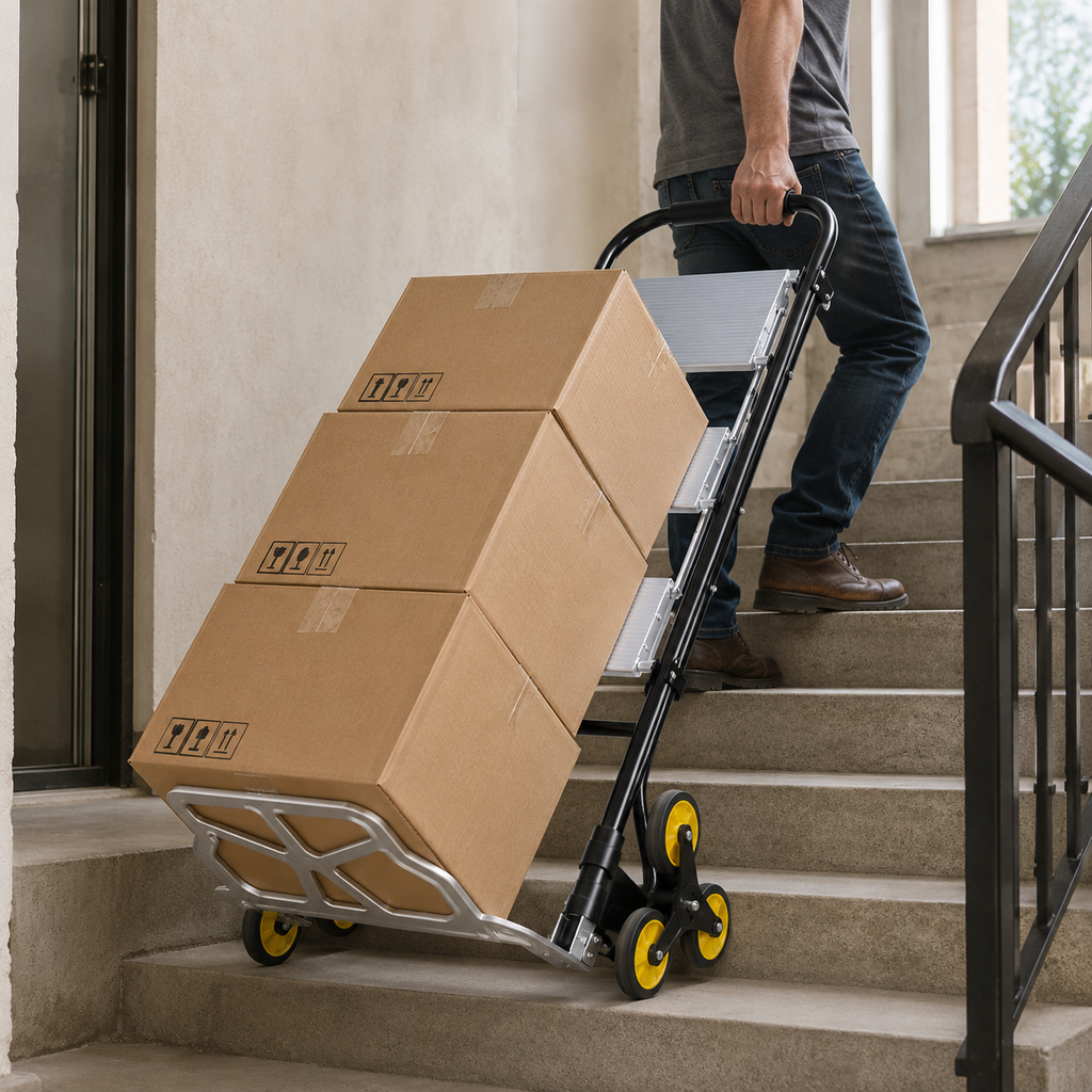 Randaco 2‑in‑1 Sackkarre mit Trittleiter 2‑Stufen‑ / 3‑Stufen‑Ausführung klappbare Sackkarre treppengängig treppengängig kompakt und transportabe
