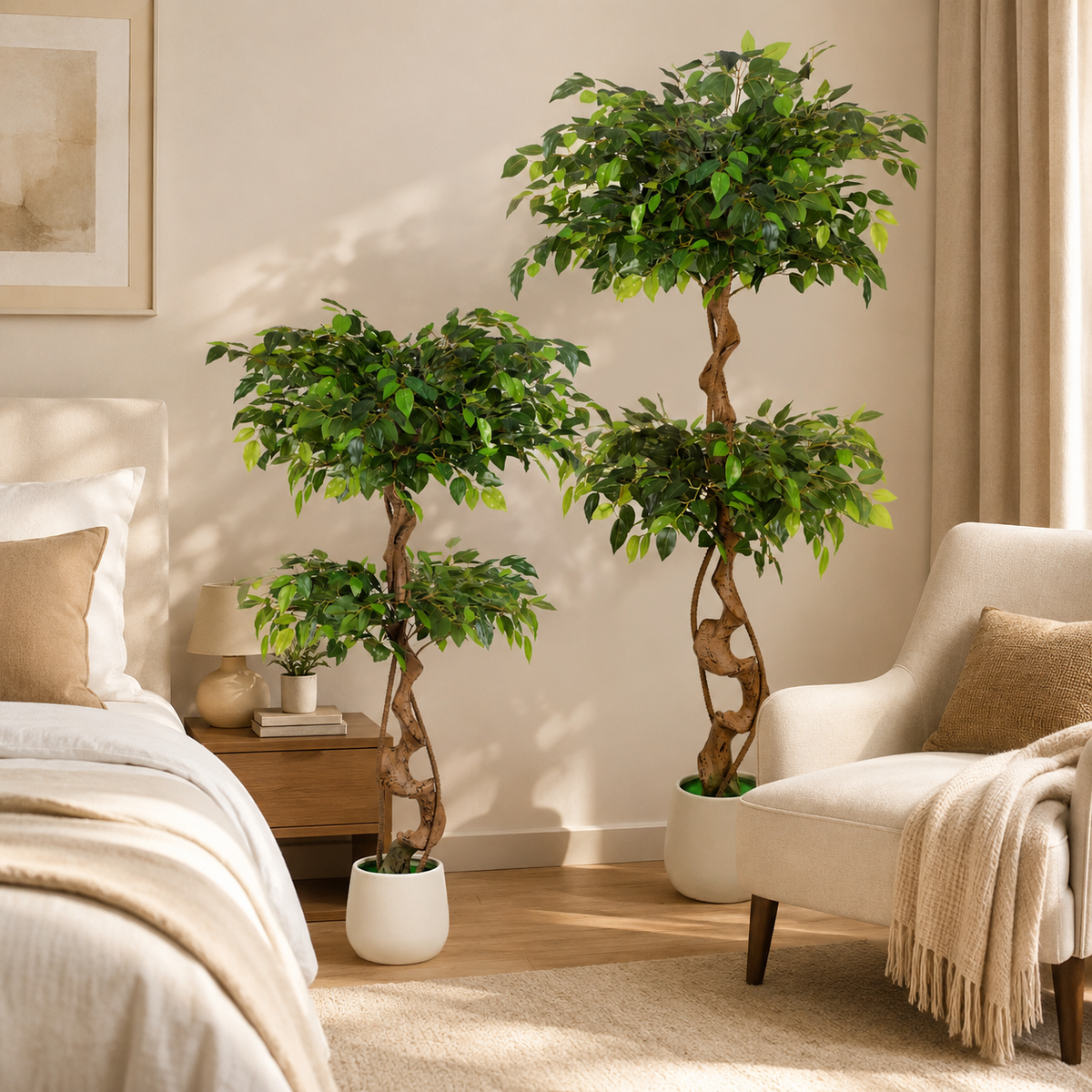 Randaco Künstlicher zweistufiger Ficus‑Baum mit weißem Topf dekorative Zimmerbegrünung für Innenräume 120 cm/150 cm