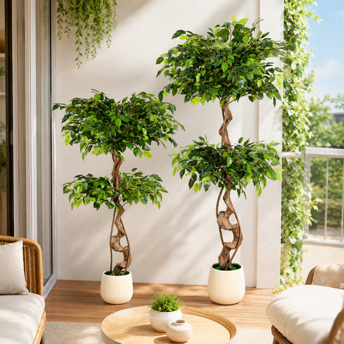 Randaco Künstlicher zweistufiger Ficus‑Baum mit weißem Topf dekorative Zimmerbegrünung für Innenräume 120 cm/150 cm