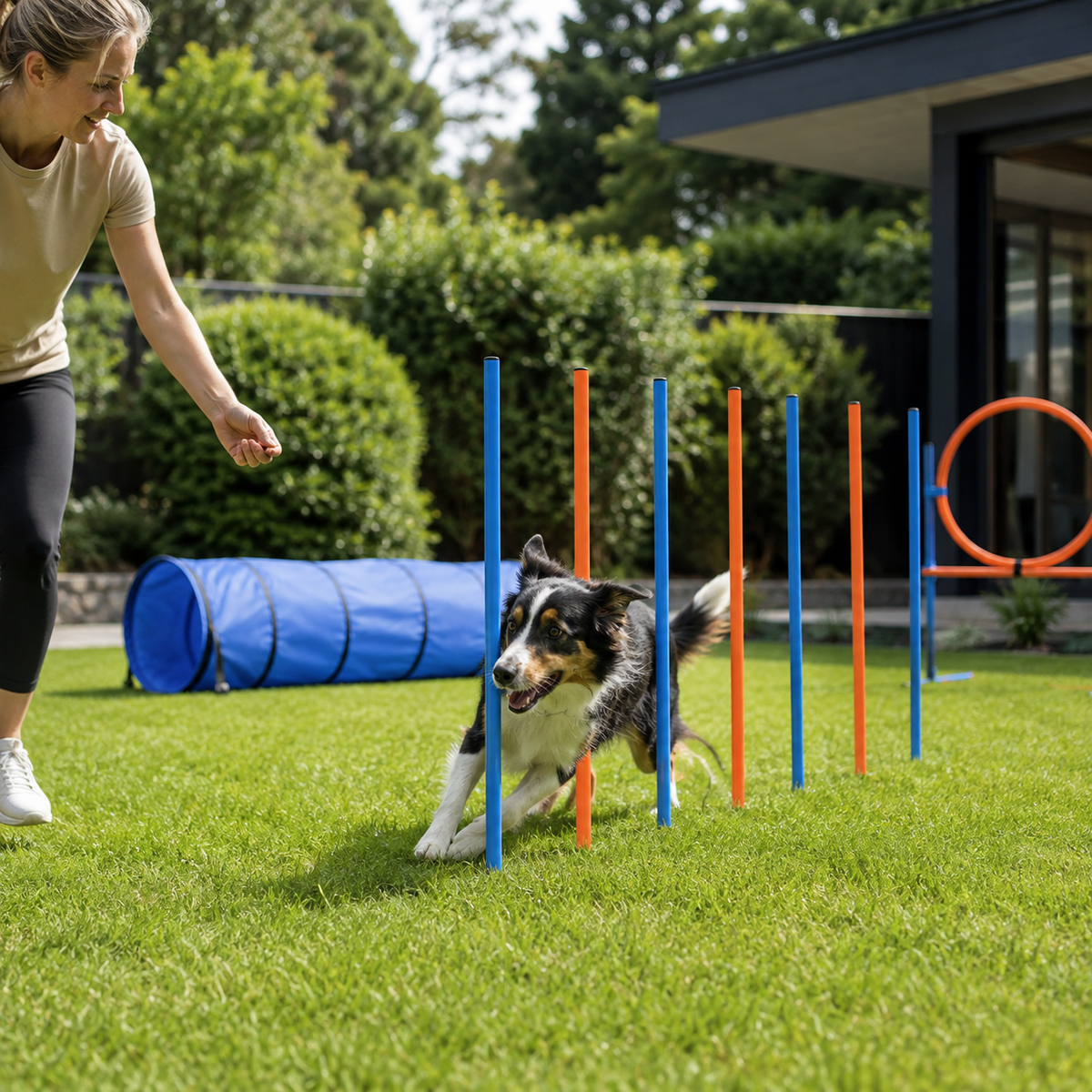 Randaco Agility Set Hunde 5-teiliges mit Slalom Hürde Sprungring Tunnel mit Slalom Hürde Sprungring und Hundetunnel für abwechslungsreiche Bewegung im Garten oder Park