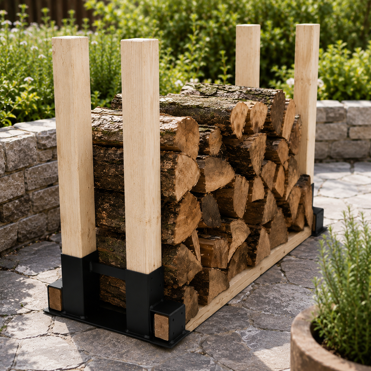 Randaco 4 Stück Holzstapelhilfe Schwarz Brennholz Kaminholz Feuerholz Gestell Holz Innen- und Außenbereich