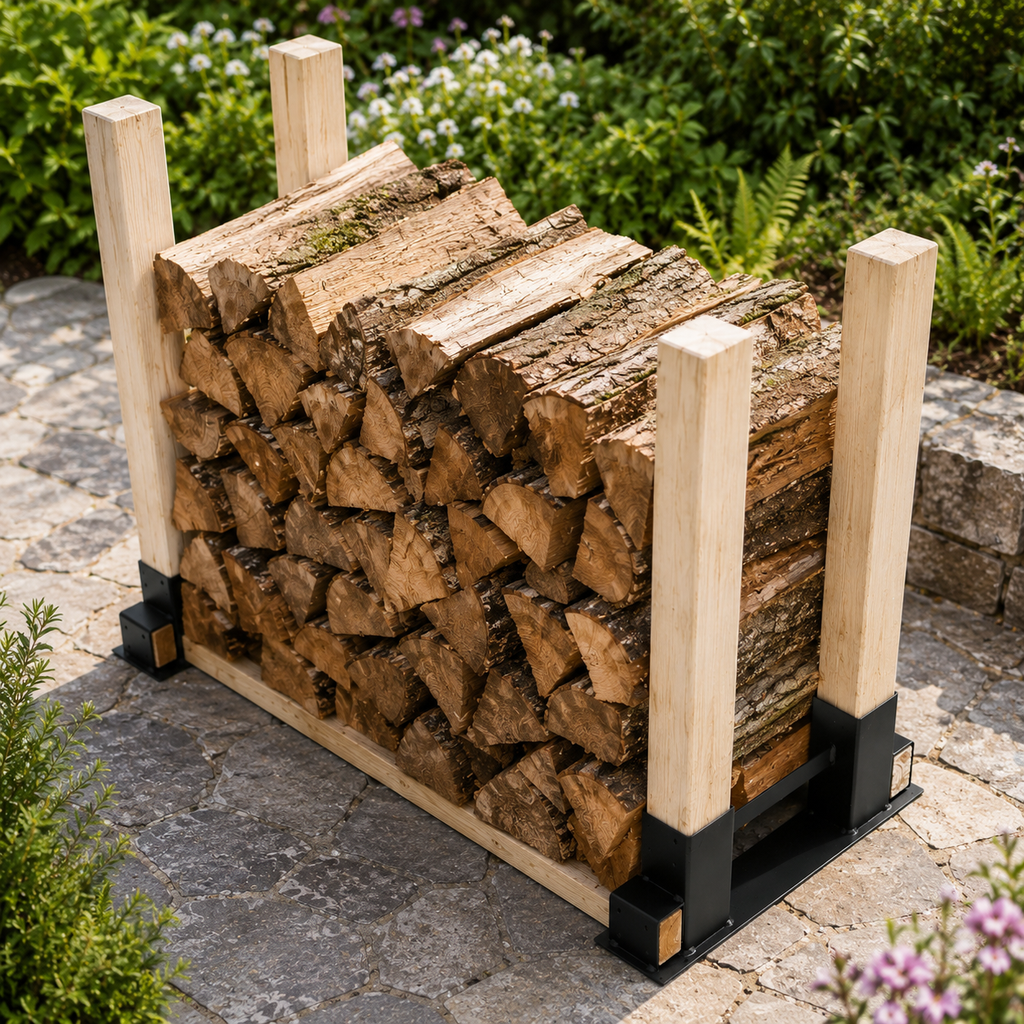 Randaco 4 Stück Holzstapelhilfe Schwarz Brennholz Kaminholz Feuerholz Gestell Holz Innen- und Außenbereich