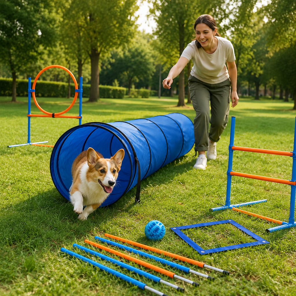 Randaco Agility Set Hunde 5-teiliges mit Slalom Hürde Sprungring Tunnel mit Slalom Hürde Sprungring und Hundetunnel für abwechslungsreiche Bewegung im Garten oder Park