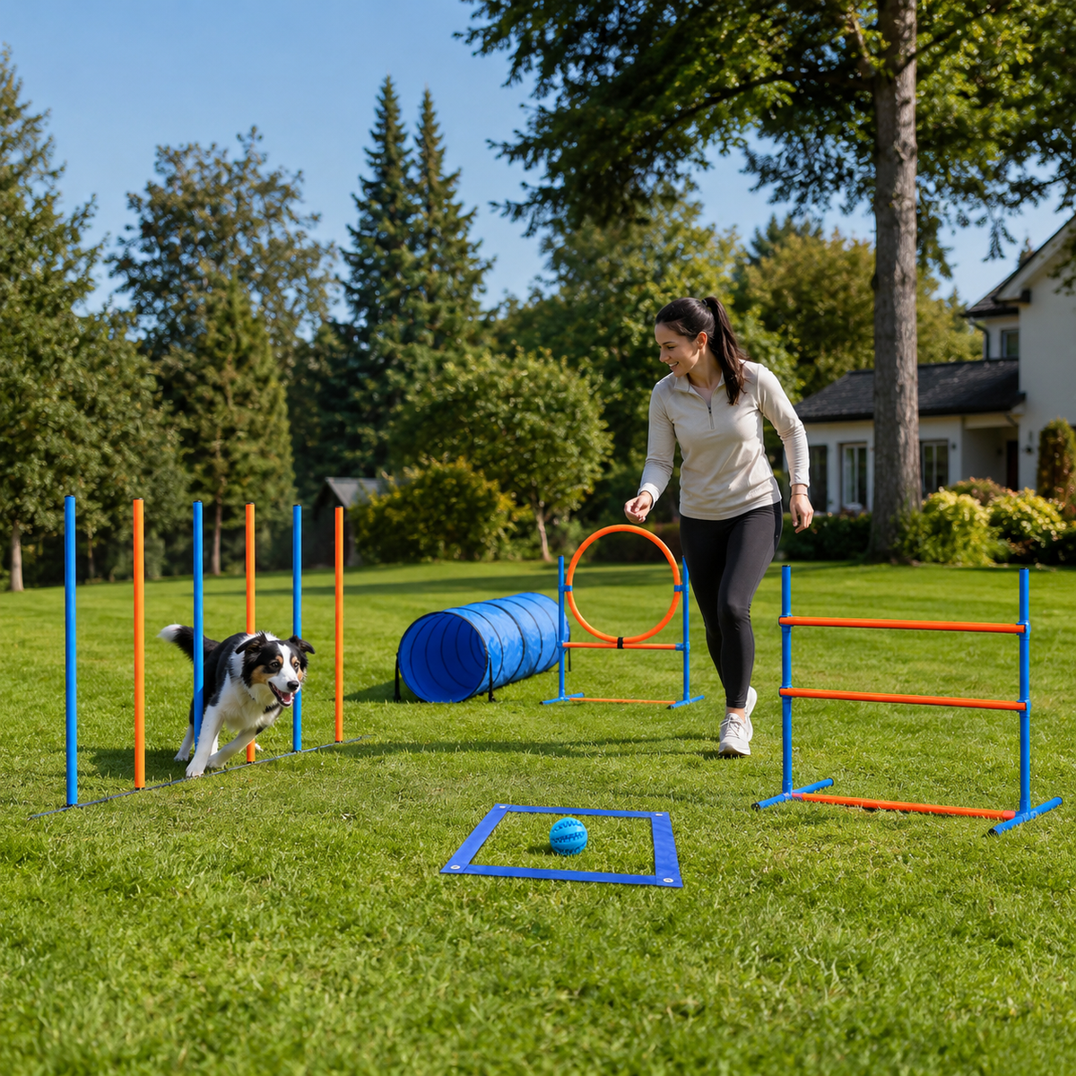 Randaco Agility Set Hunde 5-teiliges mit Slalom Hürde Sprungring Tunnel mit Slalom Hürde Sprungring und Hundetunnel für abwechslungsreiche Bewegung im Garten oder Park