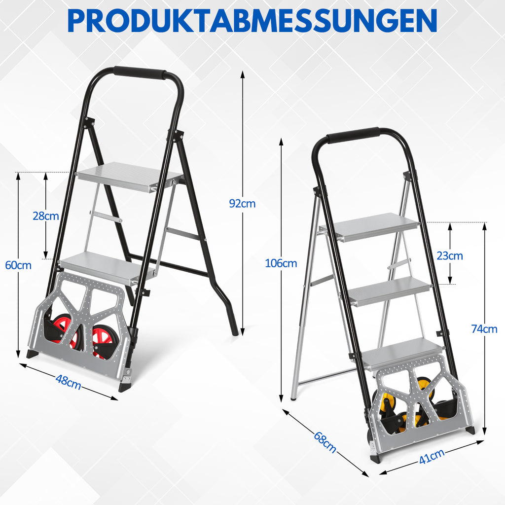 Randaco 2‑in‑1 Sackkarre mit Trittleiter 2‑Stufen‑ / 3‑Stufen‑Ausführung klappbare Sackkarre treppengängig treppengängig kompakt und transportabe