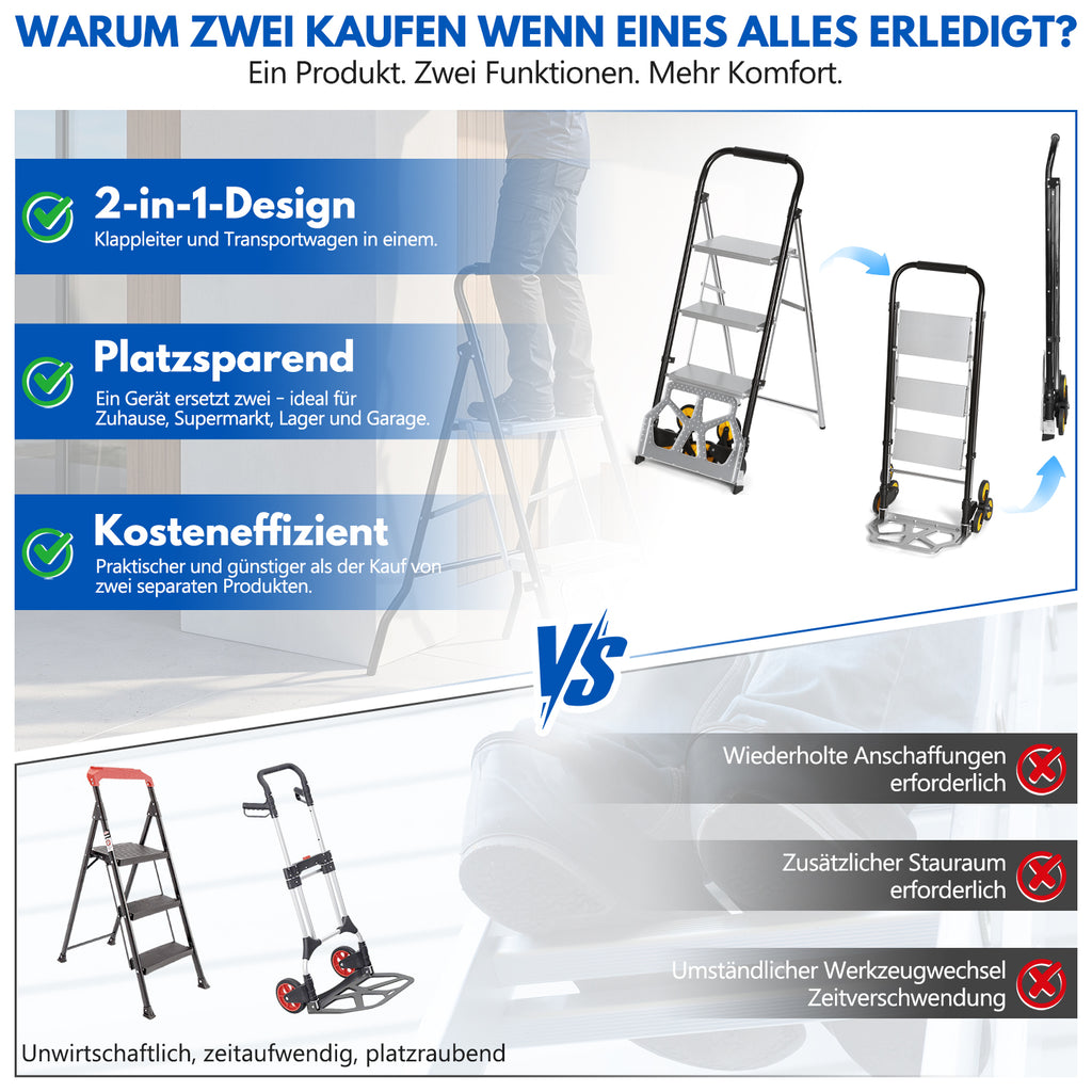 Randaco 2‑in‑1 Sackkarre mit Trittleiter 2‑Stufen‑ / 3‑Stufen‑Ausführung klappbare Sackkarre treppengängig treppengängig kompakt und transportabe