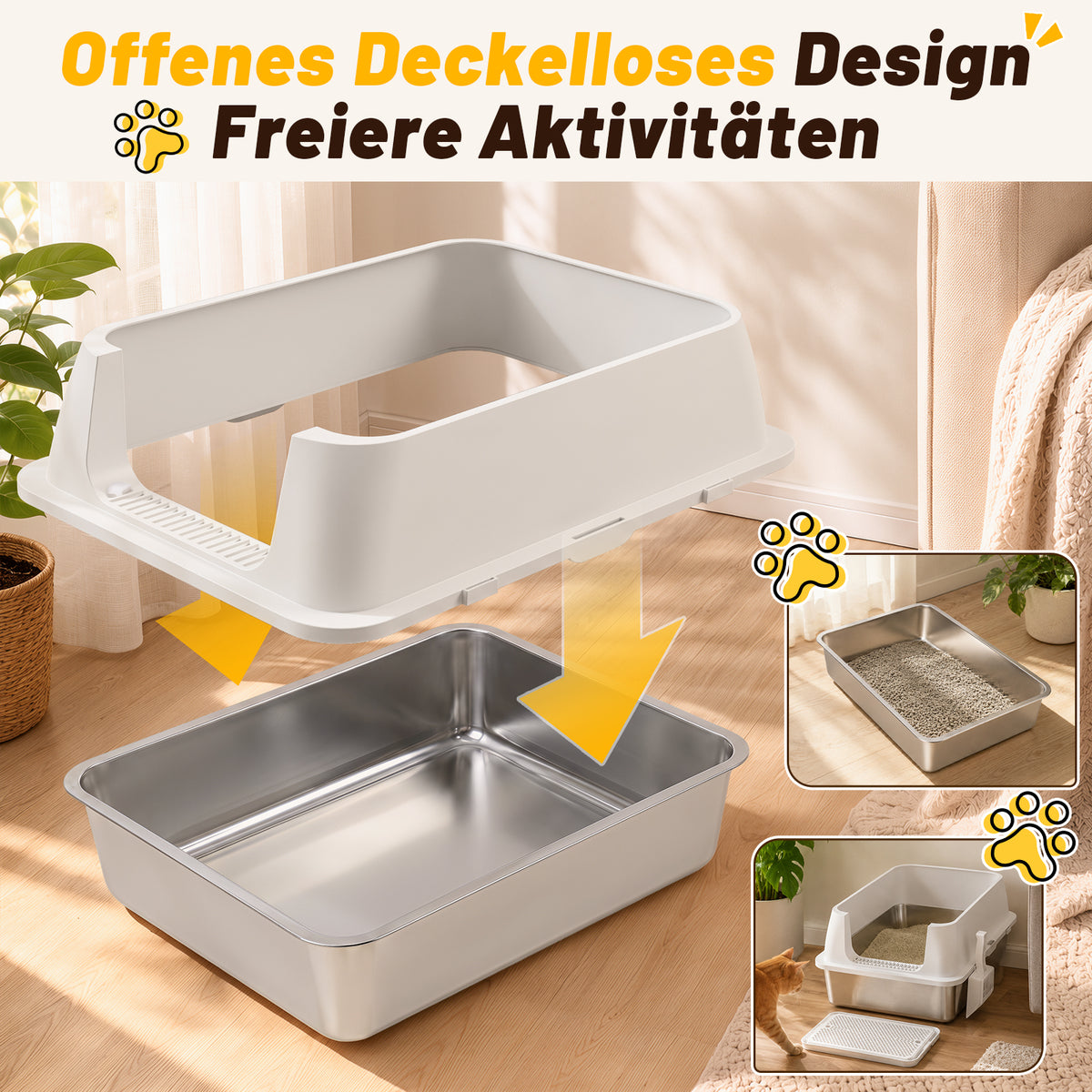 Randaco Edelstahl Katzenklo XXXL mit hohem Rand 71 x 51 x 30 cm Weiß Offene Katzentoilette für große Katzen und Mehrkatzenhaushalte,mit hoher Seitenwand,Trittmatte und Streuschaufel