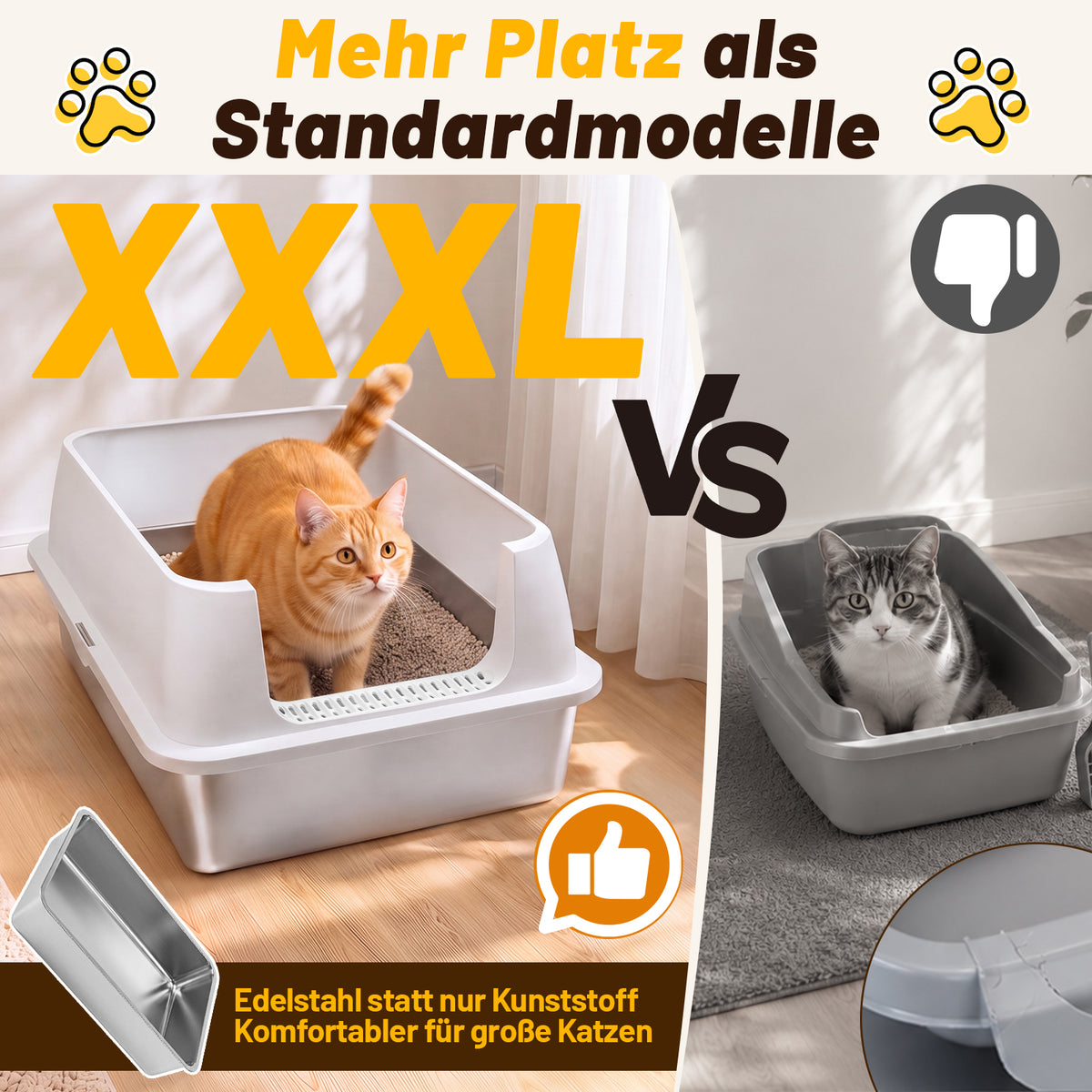 Randaco Edelstahl Katzenklo XXXL mit hohem Rand 71 x 51 x 30 cm Weiß Offene Katzentoilette für große Katzen und Mehrkatzenhaushalte,mit hoher Seitenwand,Trittmatte und Streuschaufel