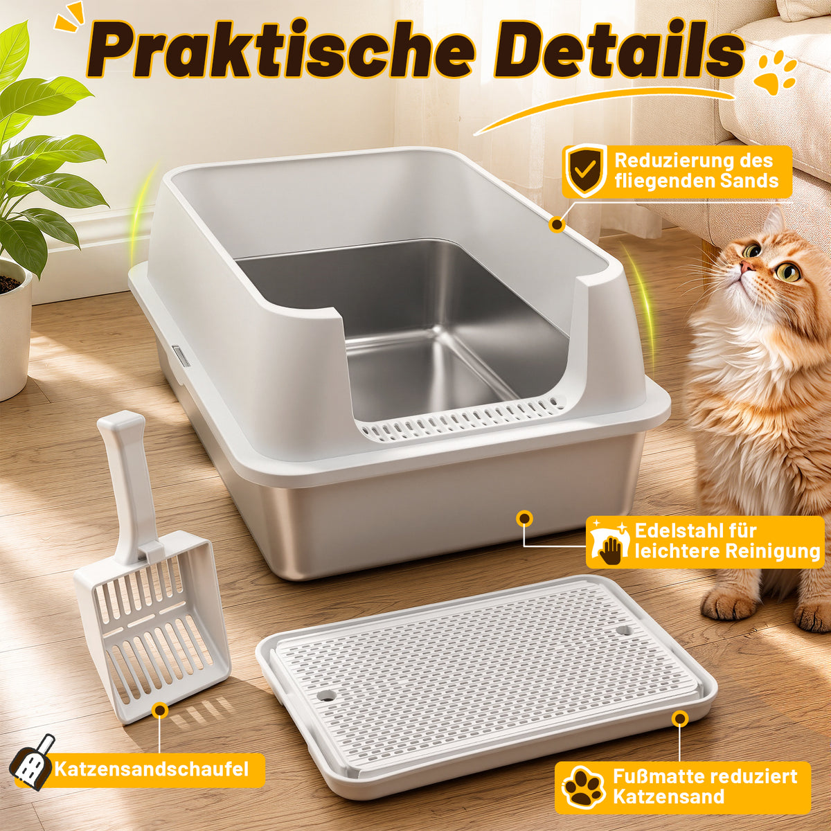 Randaco Edelstahl Katzenklo XXXL mit hohem Rand 71 x 51 x 30 cm Weiß Offene Katzentoilette für große Katzen und Mehrkatzenhaushalte,mit hoher Seitenwand,Trittmatte und Streuschaufel