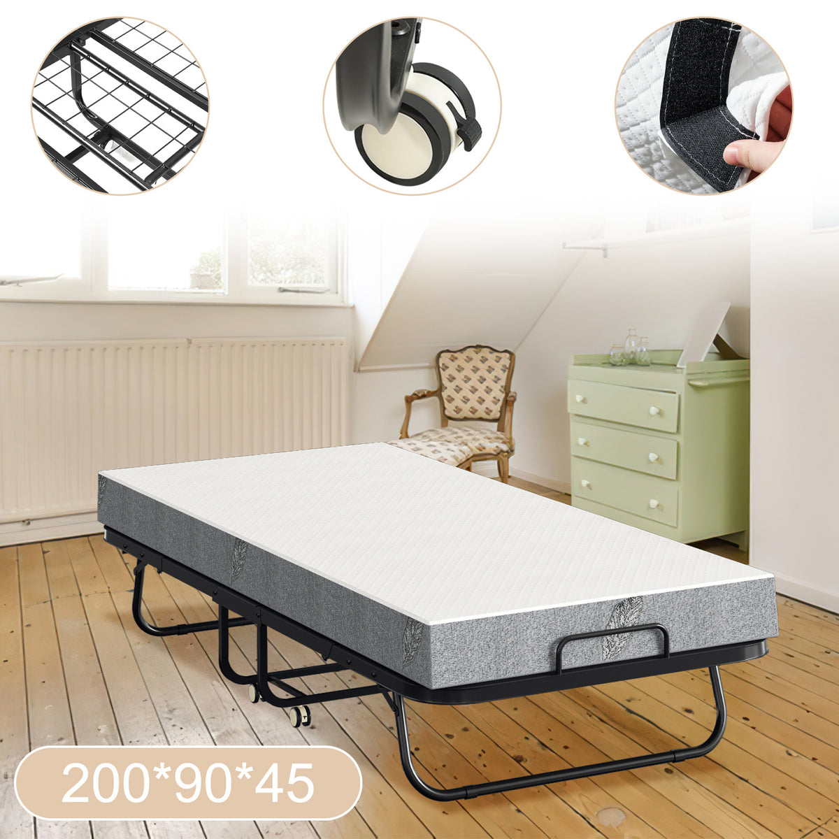 Randaco Klappbett 90x200cm Gästebett Klappbarer mit 13cm Matratze und Rollen bis 200 kg