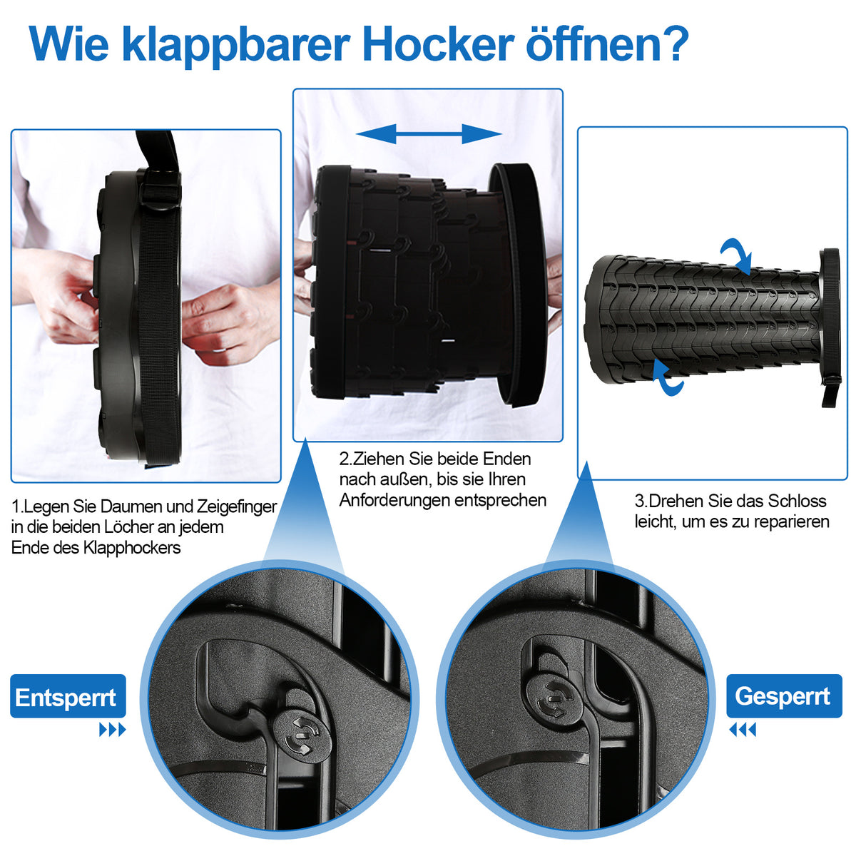 Randaco Faltbarer Teleskophocker tragbarer Camping‑Hocker Tragfähigkeit 150kg