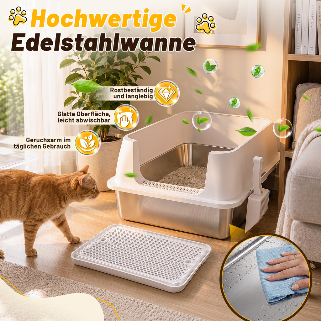 Randaco Edelstahl Katzenklo XXXL mit hohem Rand 71 x 51 x 30 cm Weiß Offene Katzentoilette für große Katzen und Mehrkatzenhaushalte,mit hoher Seitenwand,Trittmatte und Streuschaufel