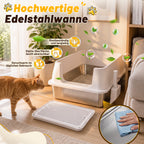 Randaco Edelstahl Katzenklo XXXL mit hohem Rand 71 x 51 x 30 cm Weiß Offene Katzentoilette für große Katzen und Mehrkatzenhaushalte,mit hoher Seitenwand,Trittmatte und Streuschaufel