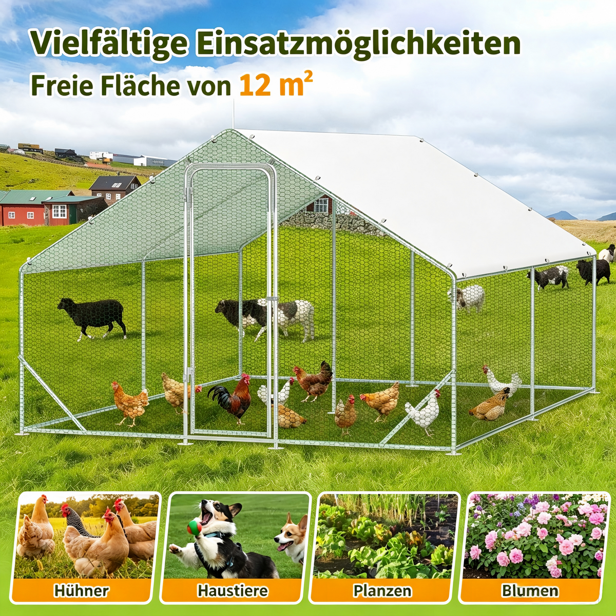 Randaco Begehbares Hühnergehege aus verzinktem Stahl mit Sonnendach, Geflügelgehege für Hühner und Enten