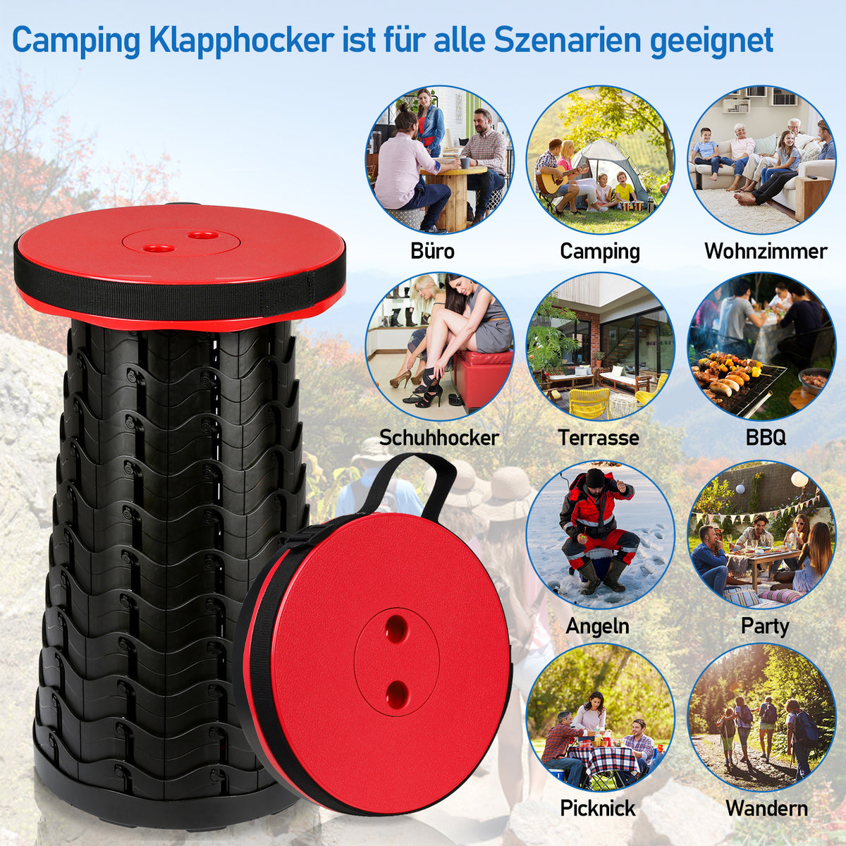 Randaco Faltbarer Teleskophocker tragbarer Camping‑Hocker Tragfähigkeit 150kg