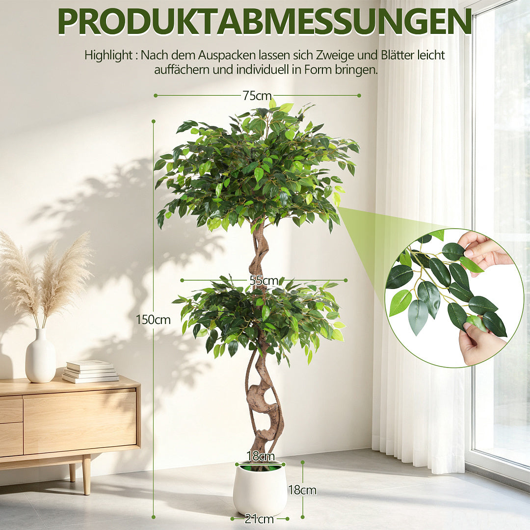Randaco Künstlicher zweistufiger Ficus‑Baum mit weißem Topf dekorative Zimmerbegrünung für Innenräume 120 cm/150 cm