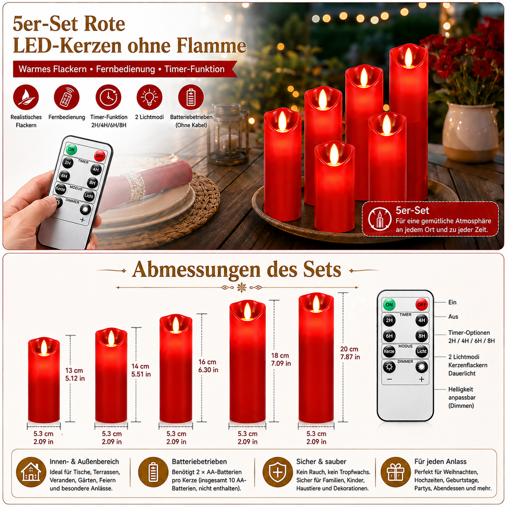Randaco 5er LED Kerzen Ø5,3cm Echtwachs Flackernd Set Licht 13/14/16/18/20cm hoch Deko
