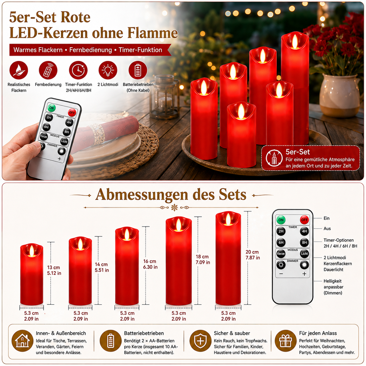 Randaco 5er LED Kerzen Ø5,3cm Echtwachs Flackernd Set Licht 13/14/16/18/20cm hoch Deko