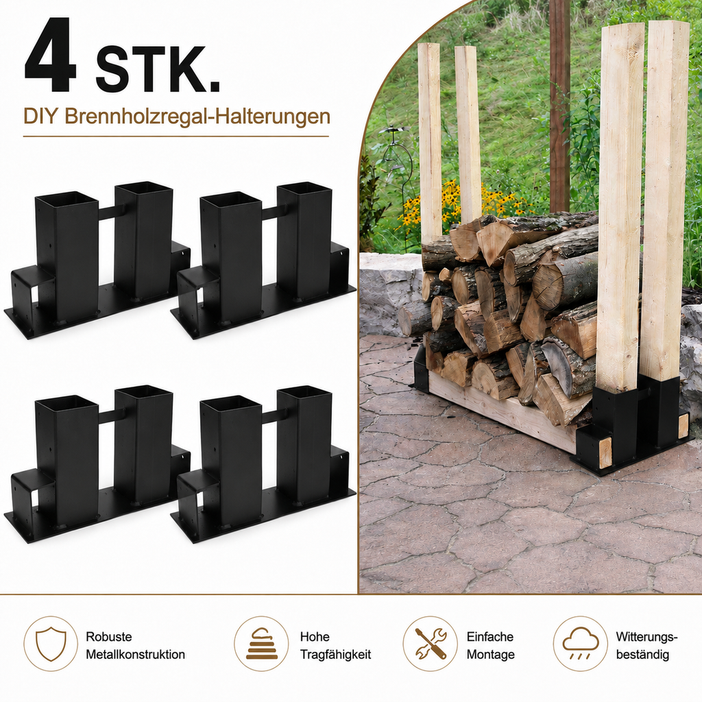 Randaco 4 Stück Holzstapelhilfe Schwarz Brennholz Kaminholz Feuerholz Gestell Holz Innen- und Außenbereich