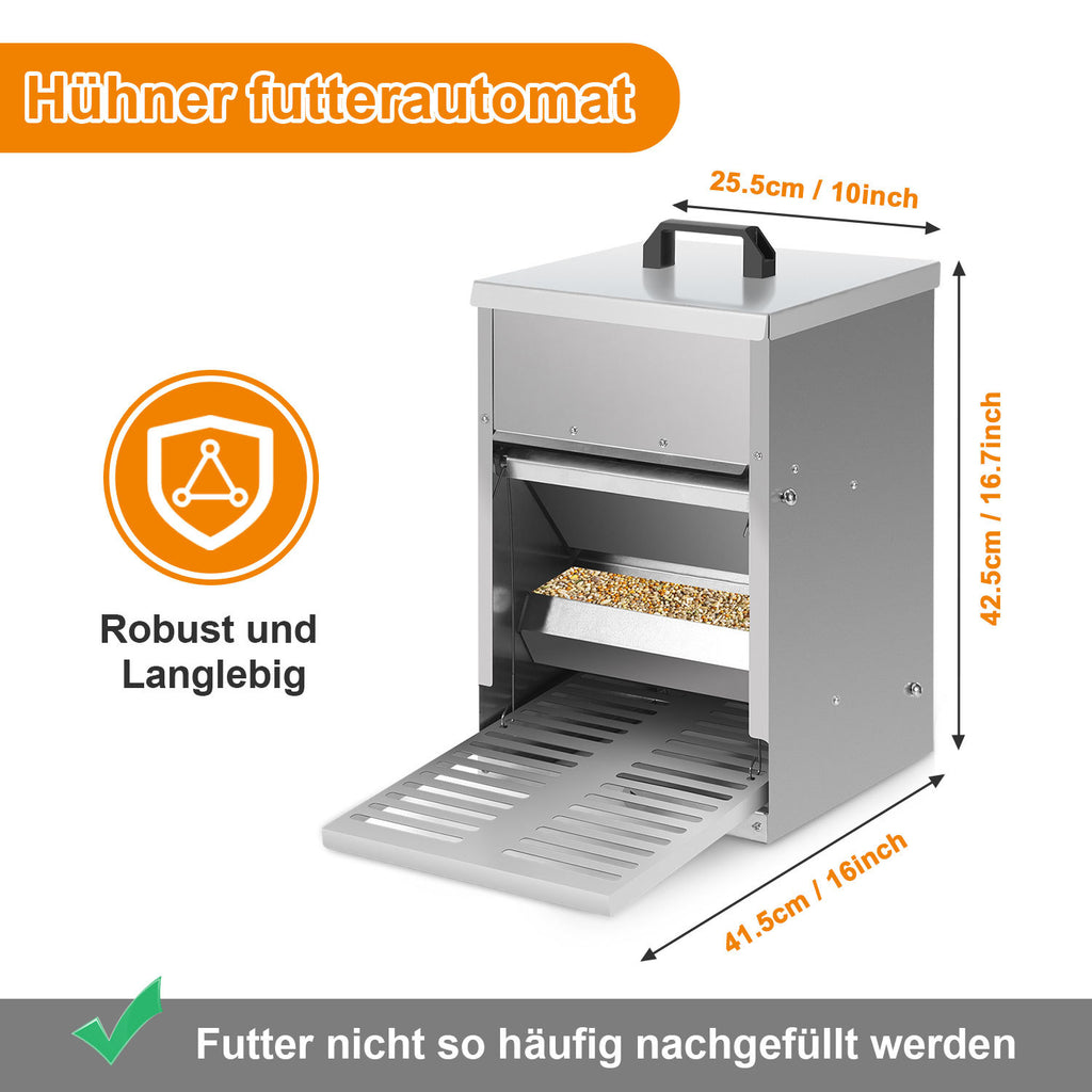 Randaco Futterautomat Hühner 5kg Hühnerfutterautomat mit Trittplatte Geflügel Futterspender Verzinkter Futtertrog Mäuseschutz Trockenfutterbox für Stall und Außenbereich