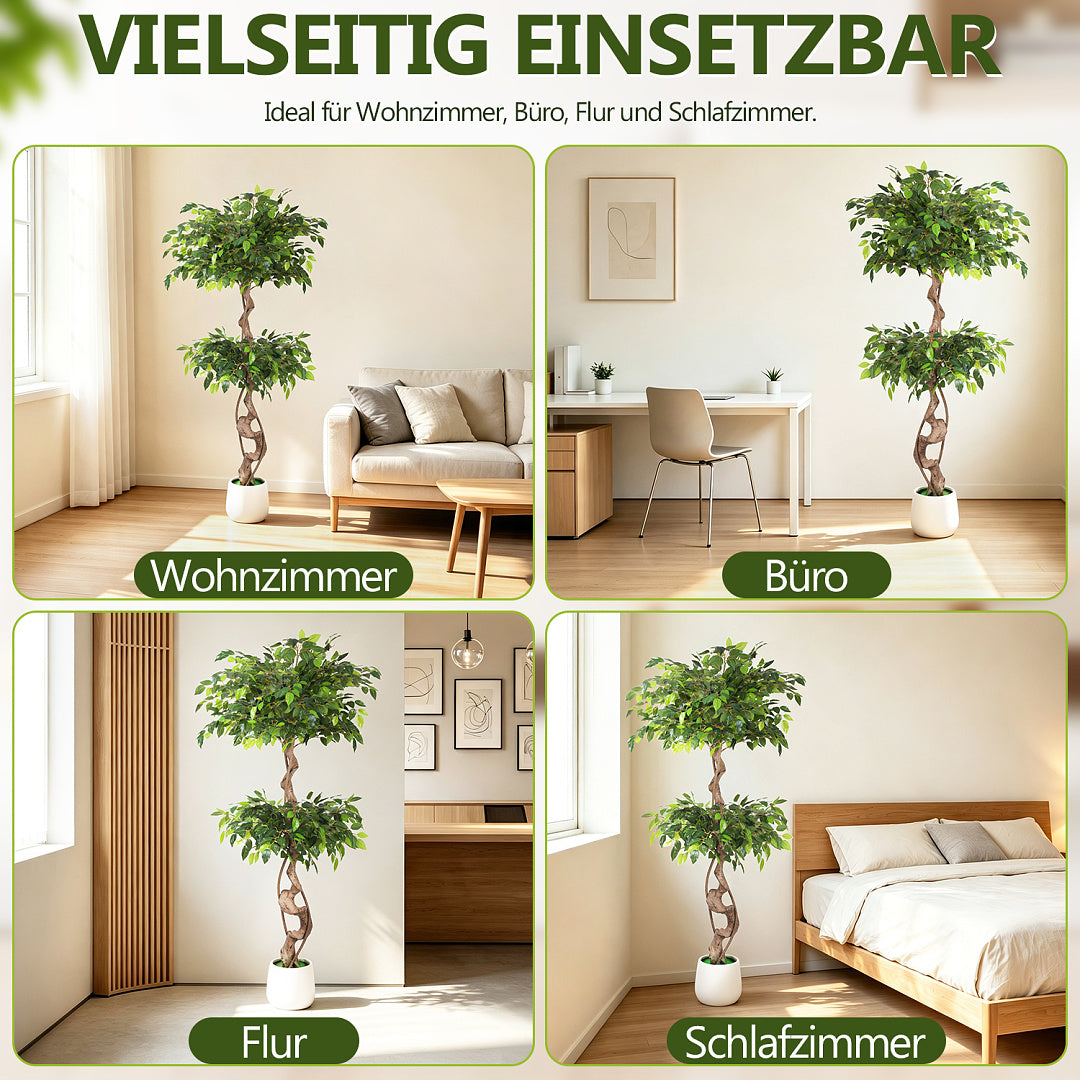 Randaco Künstlicher zweistufiger Ficus‑Baum mit weißem Topf dekorative Zimmerbegrünung für Innenräume 120 cm/150 cm