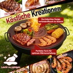 Randaco Carbonstahl Feuerplatte Ø 80 cm mit Grilleinsatz und Handschuhen, Grillplatte für Feuertonne und Feuerschale, Plancha Grillring für BBQ und Teppanyaki