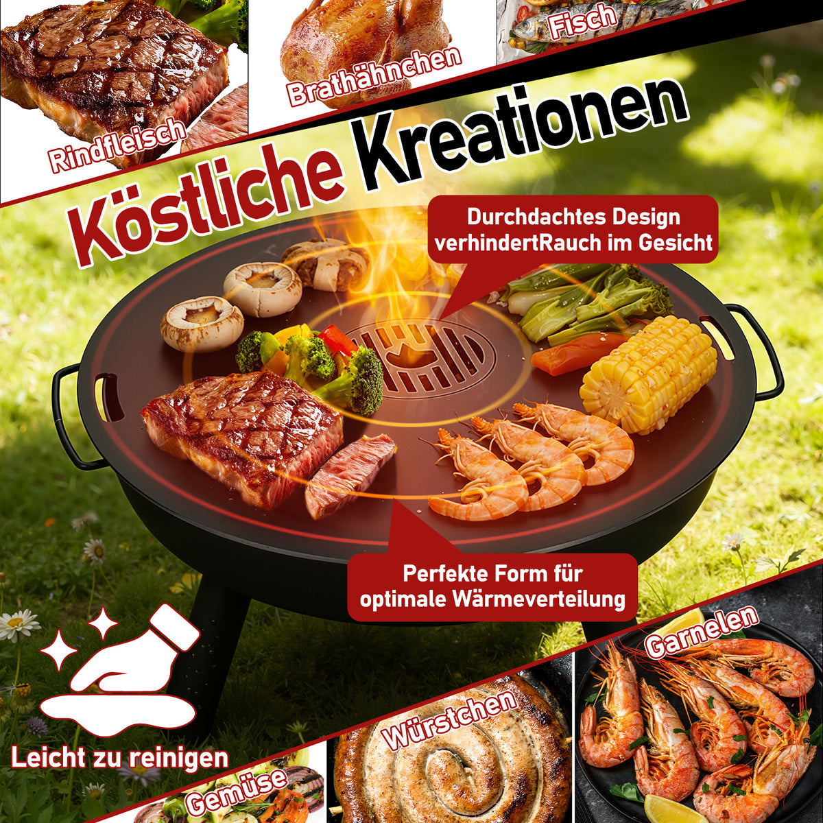 Randaco Carbonstahl Feuerplatte Ø 80 cm mit Grilleinsatz und Handschuhen, Grillplatte für Feuertonne und Feuerschale, Plancha Grillring für BBQ und Teppanyaki