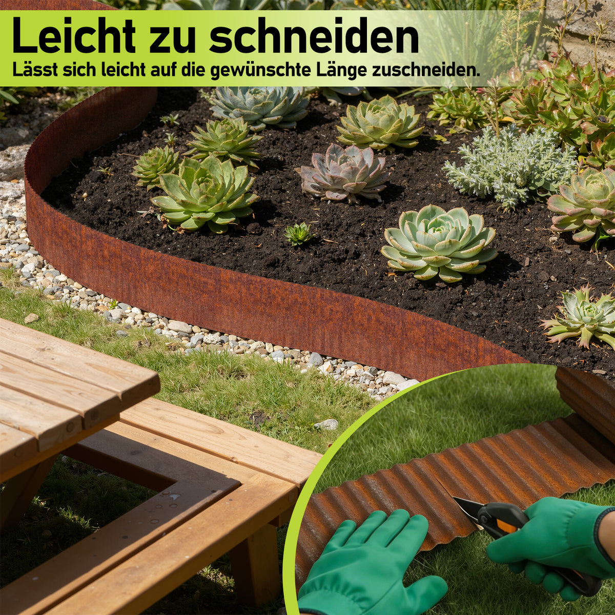Randaco 5m Rasenkante 15 cm hoch Beeteinfassung aus Metall 0.3 mm Stahl mit umgelegten Kanten inkl. Verbinder und Handschuhe Beetumrandung