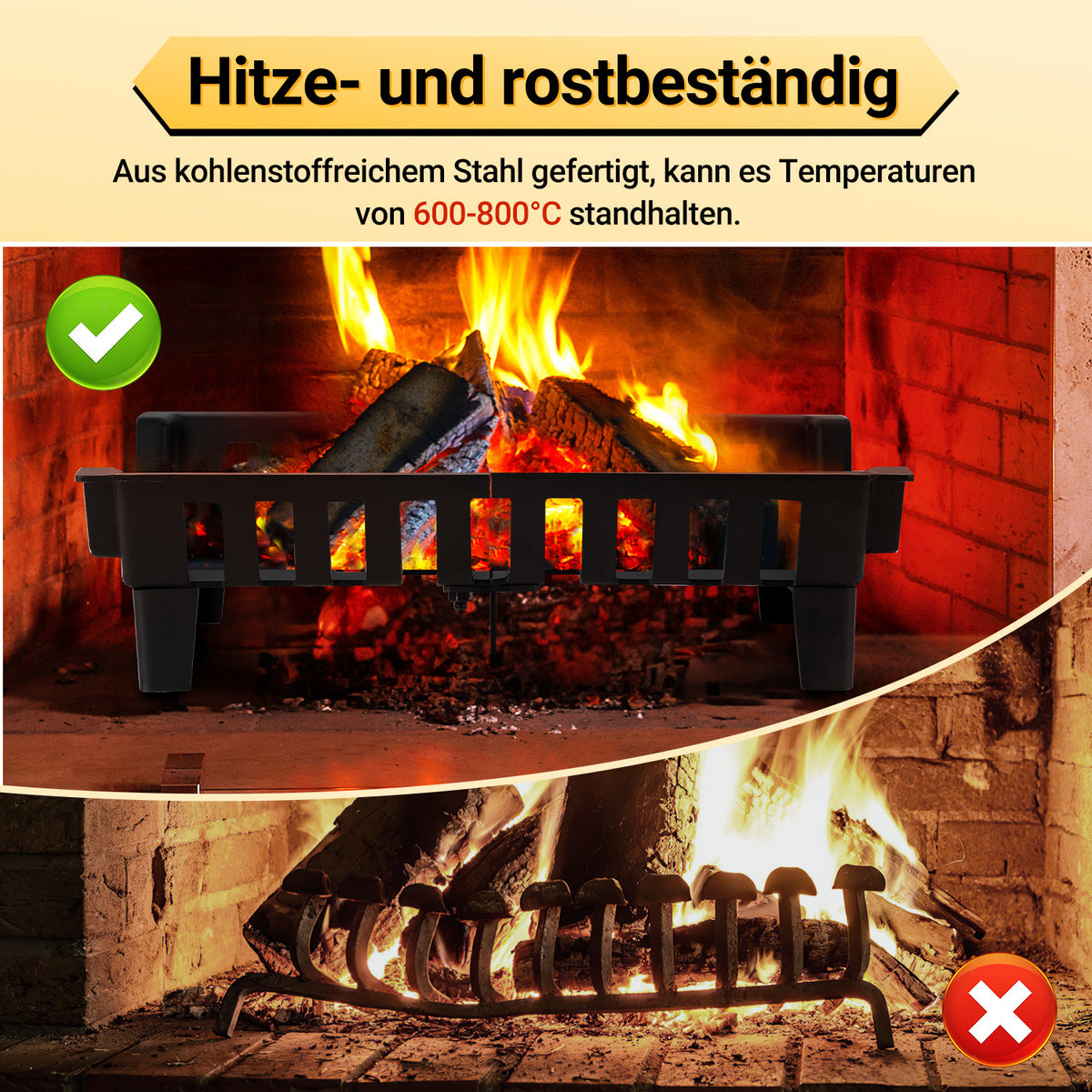 Randaco Feuerrost für Innen‑ und Außenbereich Metall‑Brennholzrost mit 50 kg Tragfähigkeit für Kamine