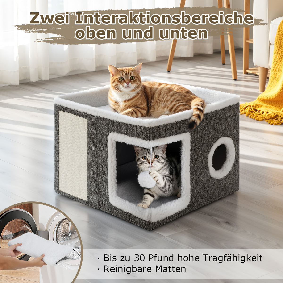 Randaco 3-IN-1 FALTBARES KATZENHAUS 2-stöckig mit Kratzbrett und Spielball