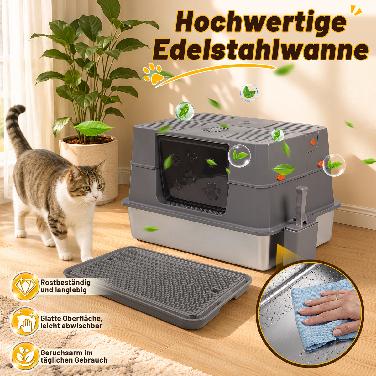 Randaco Edelstahl Katzenklo XXXL mit Klappdeckel 72.8 x 51 x 43 cm Halboffene Katzentoilette mit 90° Seitenklappe Aktivkohlefilter Schaufelhalter Trittmatte und herausnehmbarer Edelstahlwanne