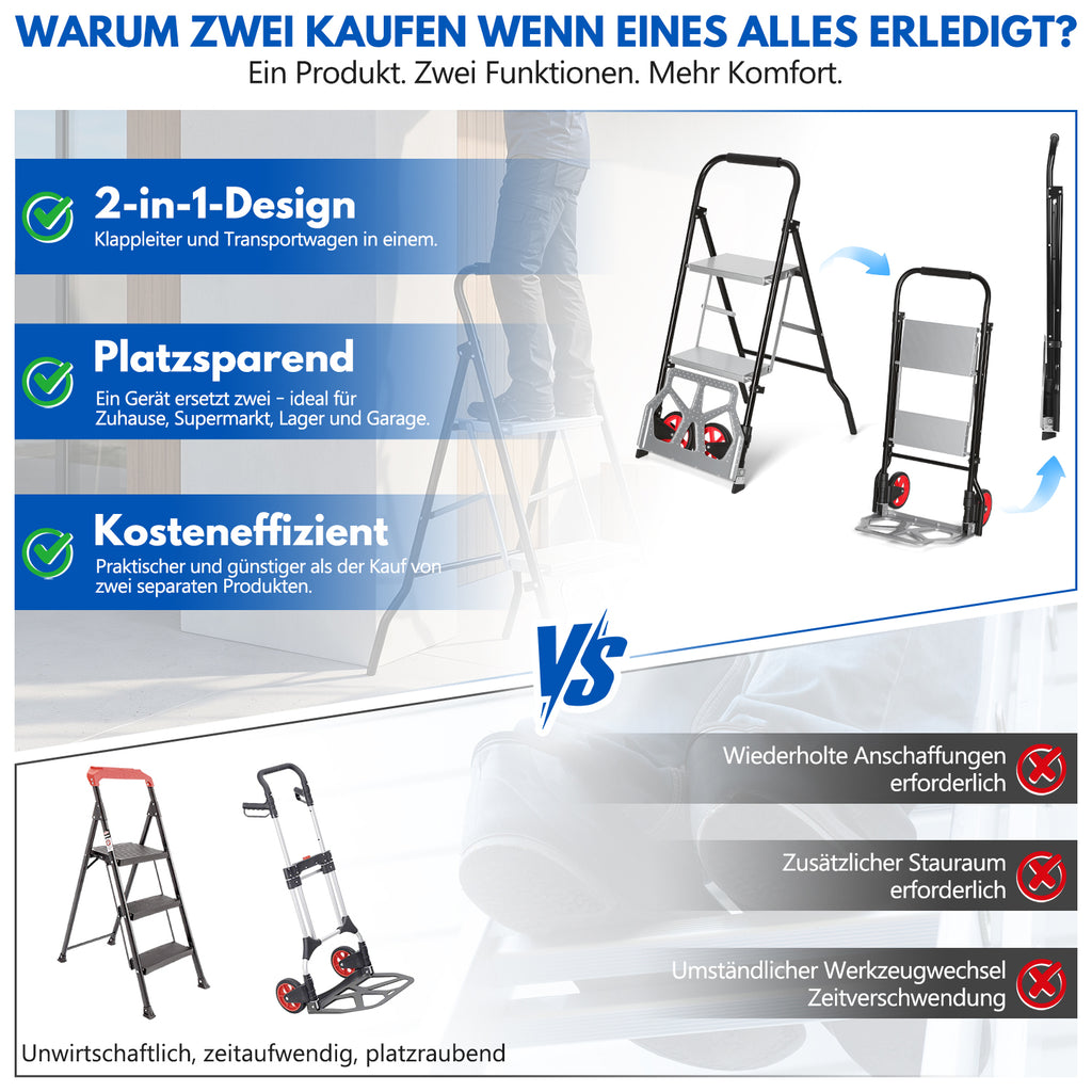 Randaco 2‑in‑1 Sackkarre mit Trittleiter 2‑Stufen‑ / 3‑Stufen‑Ausführung klappbare Sackkarre treppengängig treppengängig kompakt und transportabe