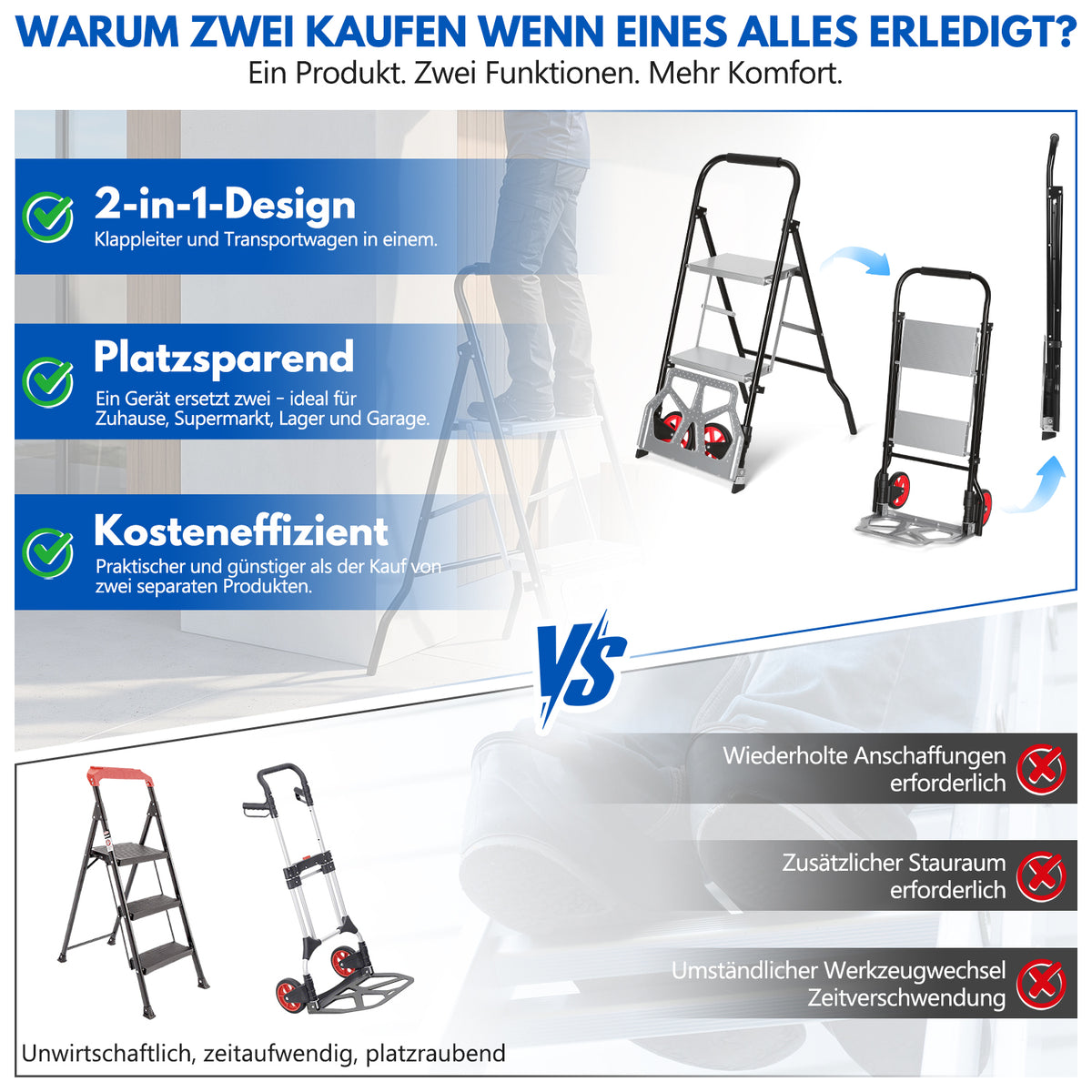Randaco 2‑in‑1 Sackkarre mit Trittleiter 2‑Stufen‑ / 3‑Stufen‑Ausführung klappbare Sackkarre treppengängig treppengängig kompakt und transportabe