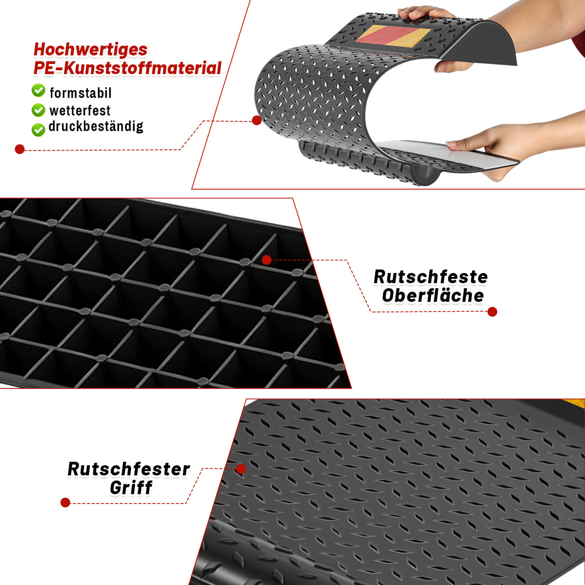 Randaco 2‑Stück rutschfeste Parkstopper‑Matten mit reflektierenden Streifen und Befestigungsschrauben für Garage und Einfahrt