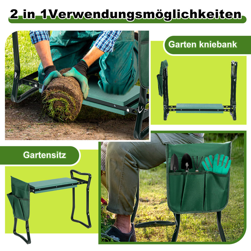 Randaco 2 in 1 Klappbar Gartenbank mit Werkzeugtasche 60x50x28cm Grün