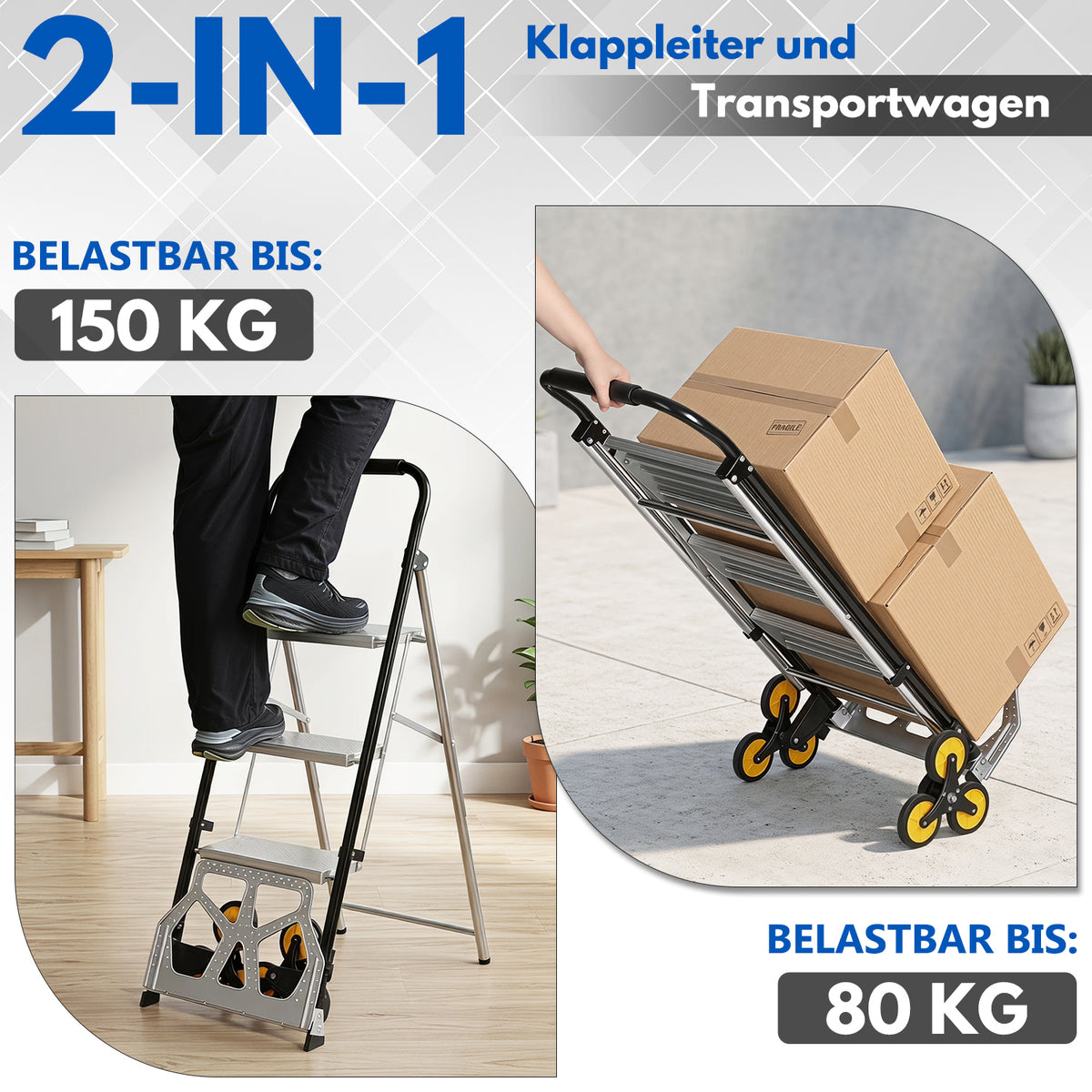 Randaco 2‑in‑1 Sackkarre mit Trittleiter 2‑Stufen‑ / 3‑Stufen‑Ausführung klappbare Sackkarre treppengängig treppengängig kompakt und transportabe