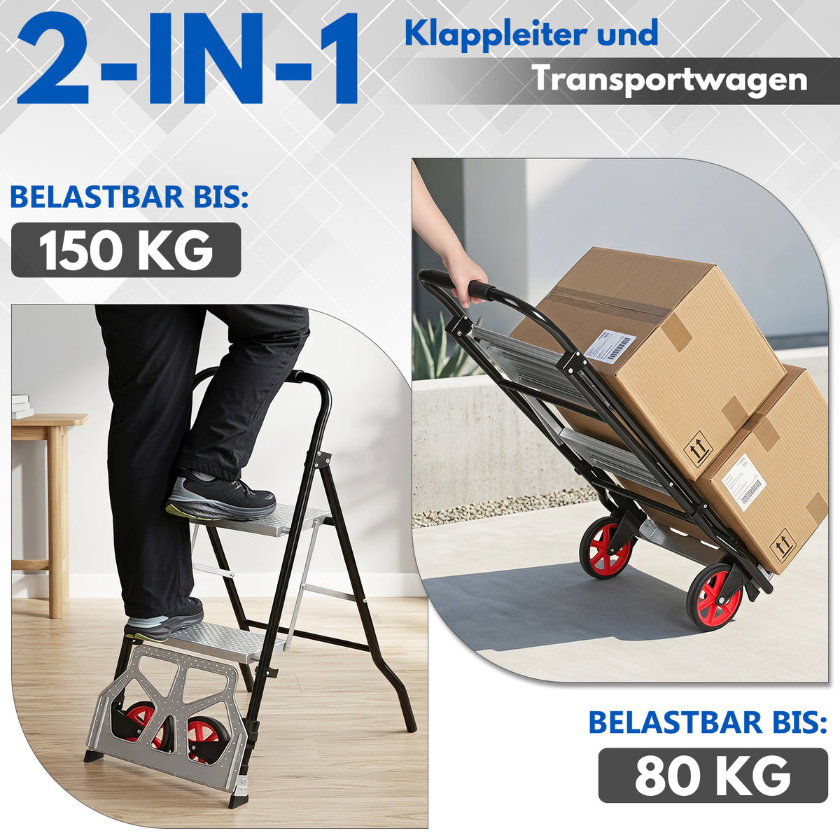 Randaco 2‑in‑1 Sackkarre mit Trittleiter 2‑Stufen‑ / 3‑Stufen‑Ausführung klappbare Sackkarre treppengängig treppengängig kompakt und transportabe