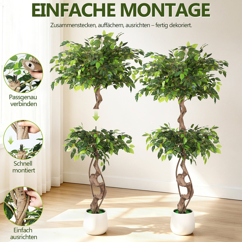 Randaco Künstlicher zweistufiger Ficus‑Baum mit weißem Topf dekorative Zimmerbegrünung für Innenräume 120 cm/150 cm