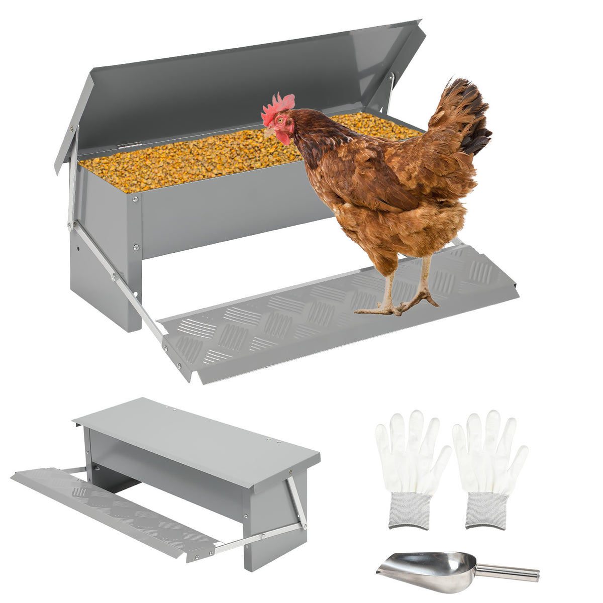 Randaco Futterautomat Hühner 5kg verzinkter Futterspender mit Trittklappe wetterfester Deckel gegen Futterverlust und Wildtiere für Hühnerstall und Geflügel