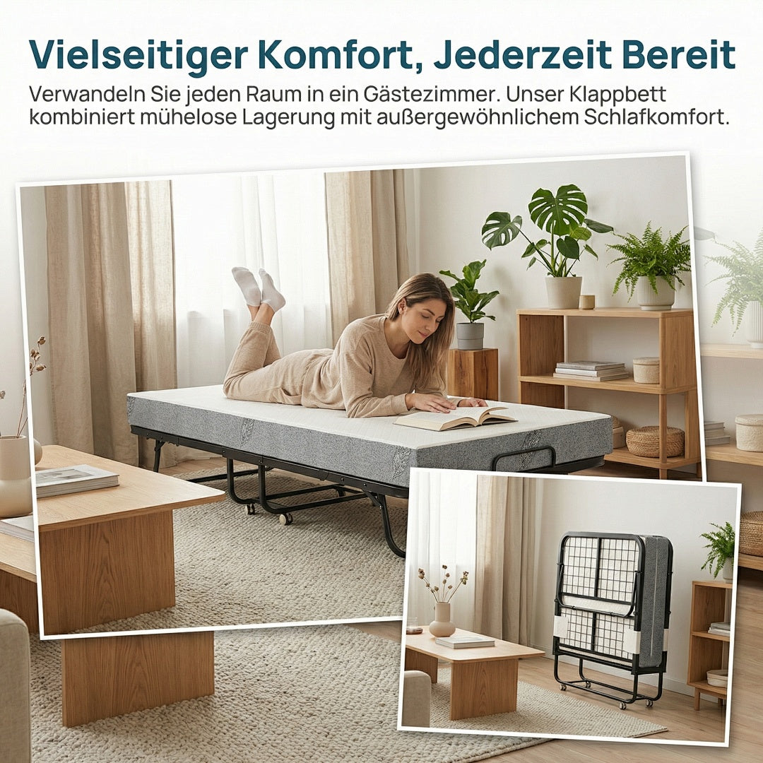 Randaco Klappbett 90x200cm Gästebett Klappbarer mit 13cm Matratze und Rollen bis 200 kg