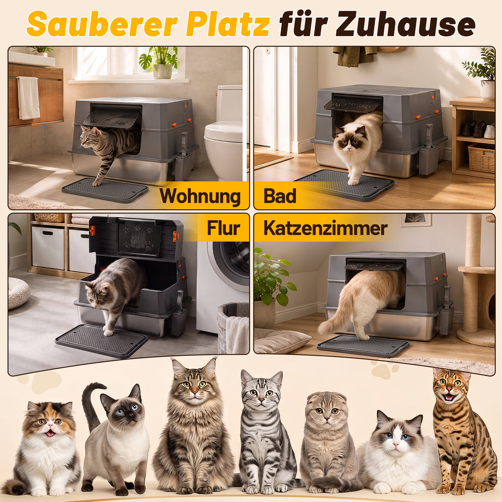Randaco Edelstahl Katzenklo XXXL mit Klappdeckel 72.8 x 51 x 43 cm Halboffene Katzentoilette mit 90° Seitenklappe Aktivkohlefilter Schaufelhalter Trittmatte und herausnehmbarer Edelstahlwanne