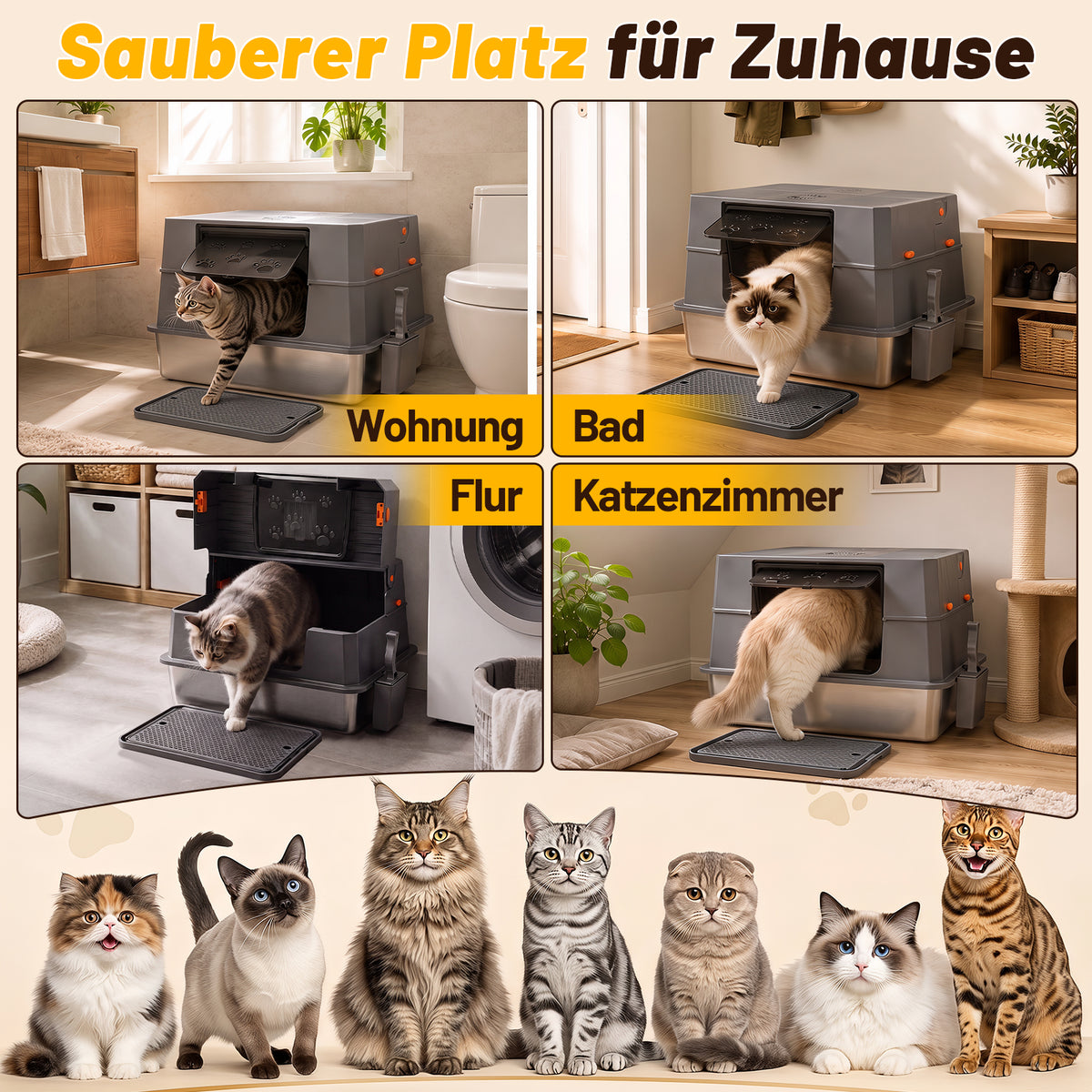 Randaco Edelstahl Katzenklo XXXL mit Klappdeckel 72.8 x 51 x 43 cm Halboffene Katzentoilette mit 90° Seitenklappe Aktivkohlefilter Schaufelhalter Trittmatte und herausnehmbarer Edelstahlwanne