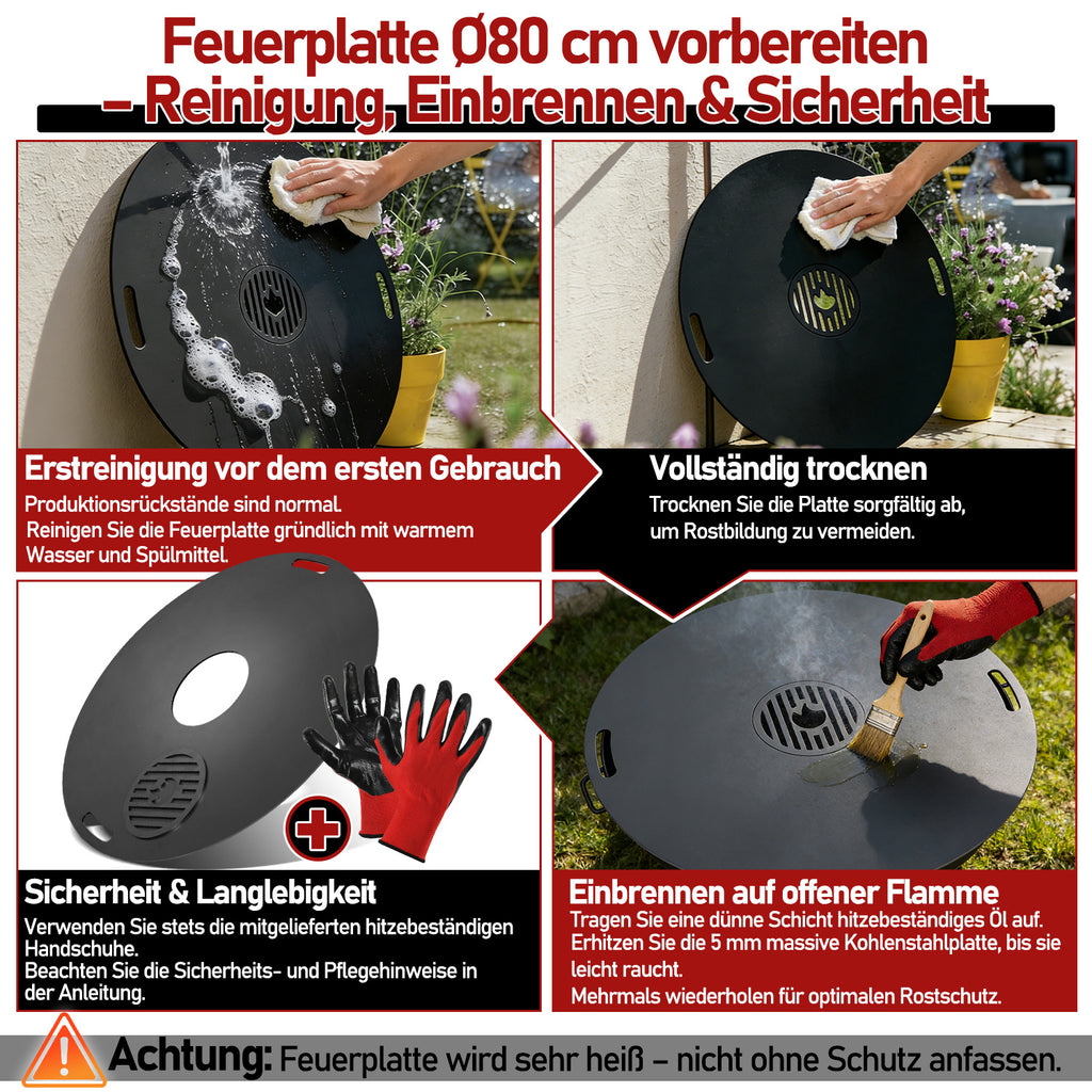 Randaco Carbonstahl Feuerplatte Ø 80 cm mit Grilleinsatz und Handschuhen, Grillplatte für Feuertonne und Feuerschale, Plancha Grillring für BBQ und Teppanyaki