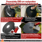 Randaco Carbonstahl Feuerplatte Ø 80 cm mit Grilleinsatz und Handschuhen, Grillplatte für Feuertonne und Feuerschale, Plancha Grillring für BBQ und Teppanyaki